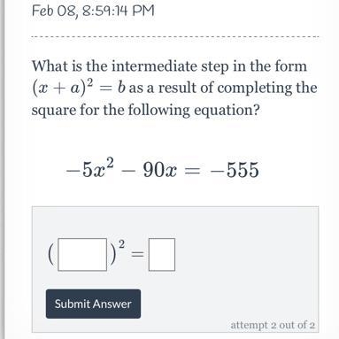 What is the intermediate step in the form (x+a)^2 =b as a result of completing the-example-1