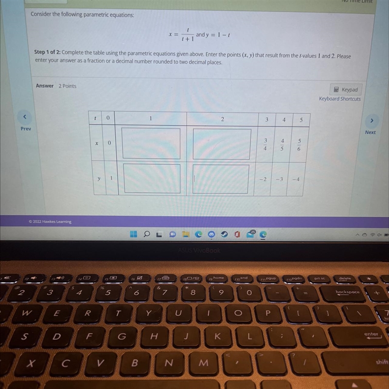 Consider the following parametric equations:1+and y=Step 1 of 2: Complete the table-example-1