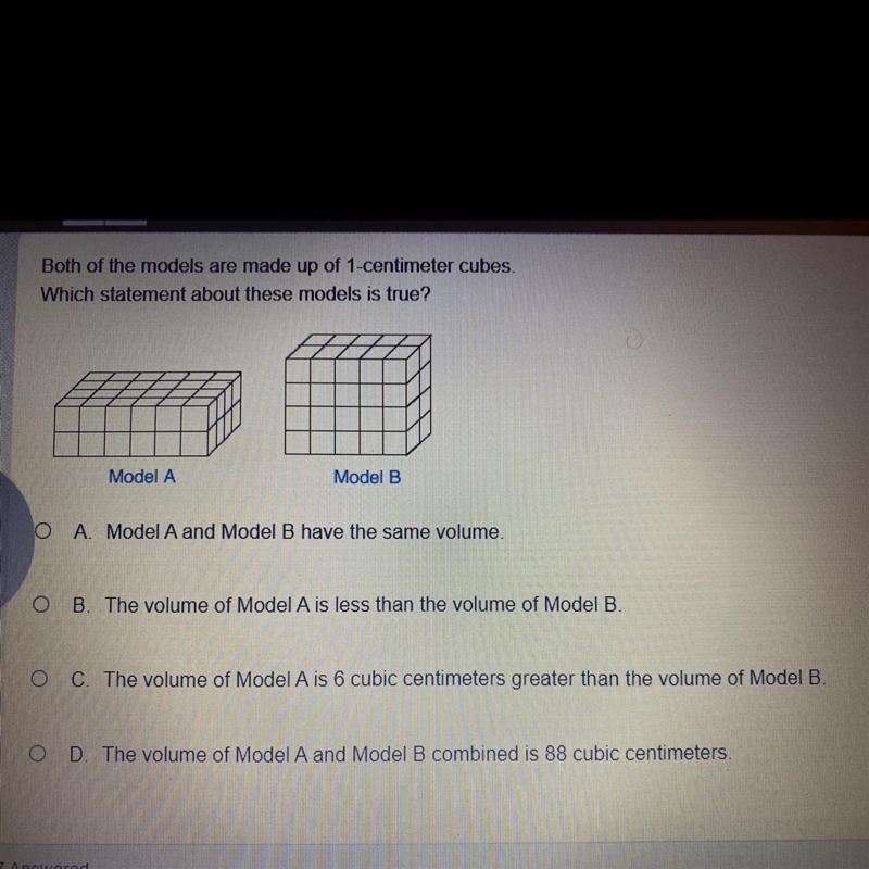 Both of the models are made up of 1-centimeter cubesWhich statement about these models-example-1