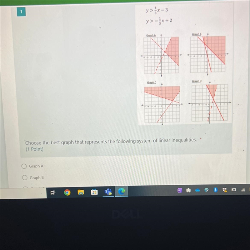 Choose the best graph that represents the following systems of linear inequality.-example-1