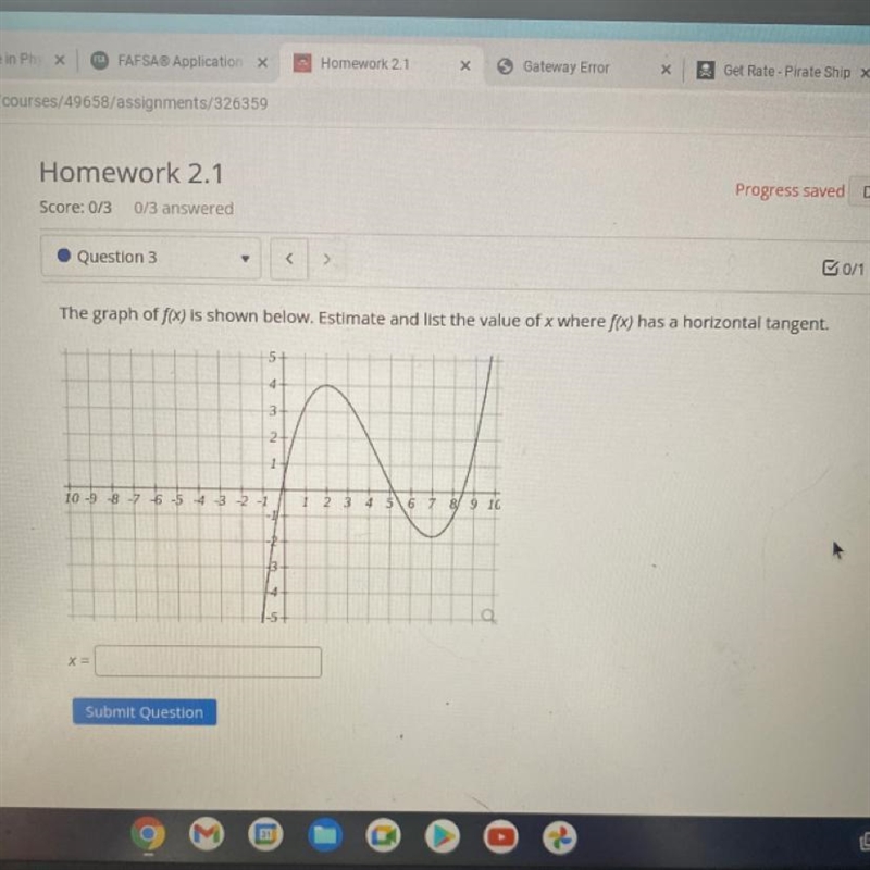 The graph of f(x) is shown below. Estimate and list the value of x where f(x) has-example-1