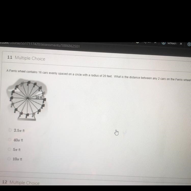 A Ferris wheel contains 16 cars evenly spaced on a circle with a radius of 20 feet-example-1