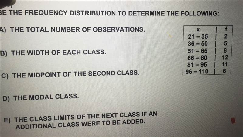 USE THE FREQUENCY DISTRIBUTION TO DETERMINE THE FOLLOWING:A) THE TOTAL NUMBER OF OBSERVATIONS-example-1