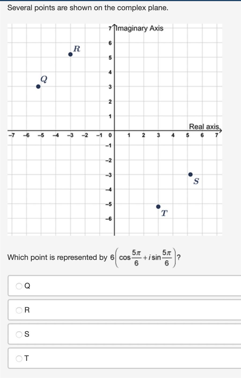 Several points are shown on the complex plane.Which point is represented by 6 times-example-1