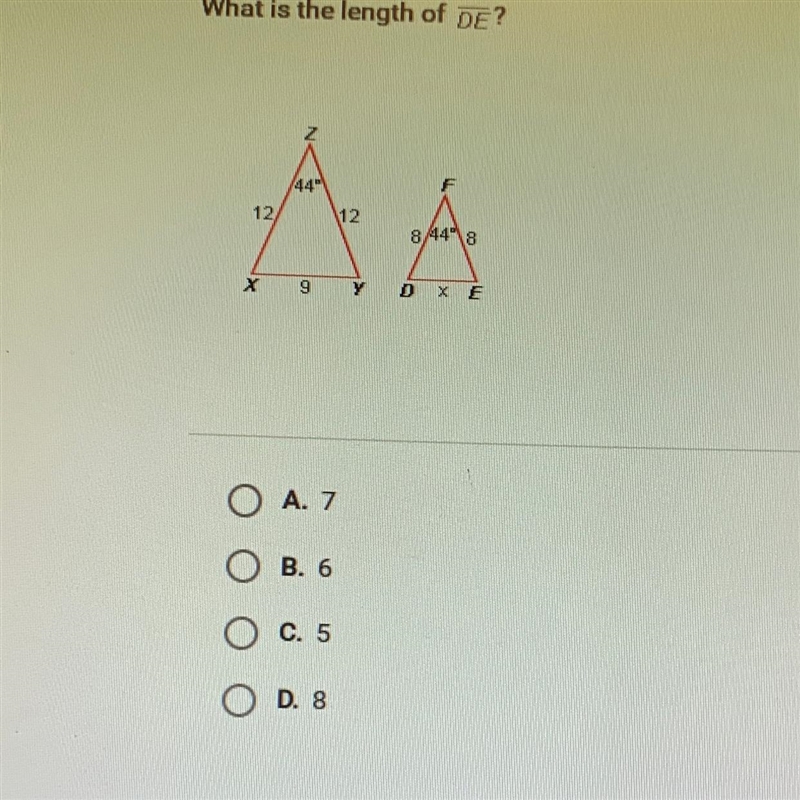 What is the length of DE A. 7 B. 6 C. 5 D. 8-example-1