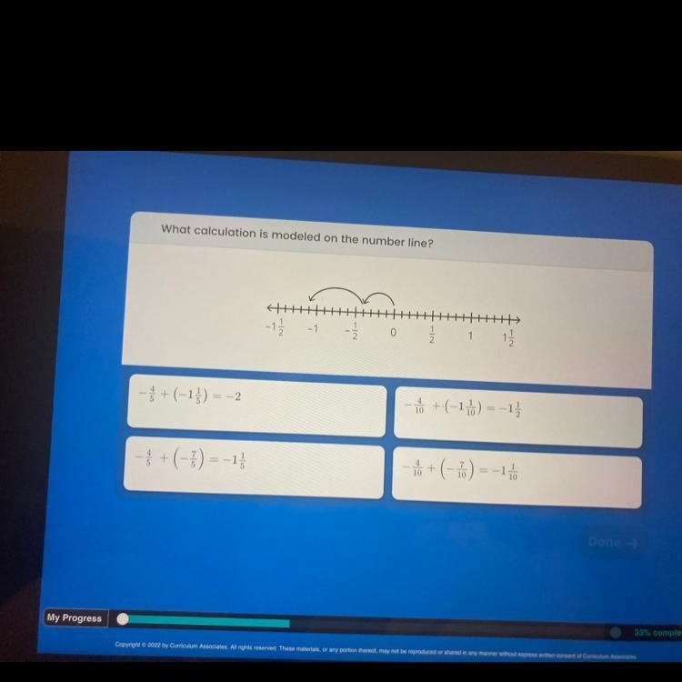 What calculation is modeled on the number line? ++++ --1 -1 0 12 1 - + (-15) = -2 - +(-1) = -1 - + (-5) = -1 + - (금)-1 10 10 10 I-example-1