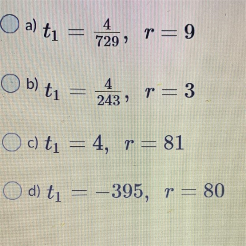 Find the values of T1 and R for a geometric sequence with T6=4 and T10=324-example-1