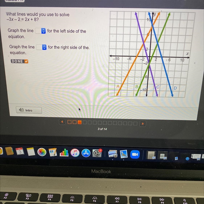 What lines would you use to solve-3x - 2 = 2x + 8?Graph the lineequation.Graph the-example-1