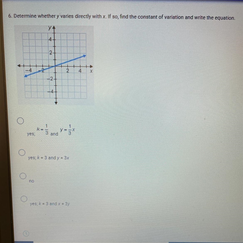 ￼determine weather y varies directly with x. if so, find the constant variation and-example-1