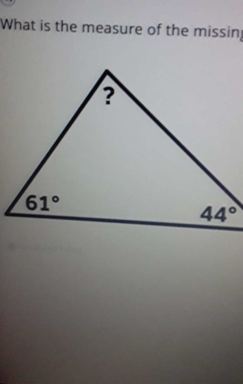 What is the measure of the missing angle? ​-example-1