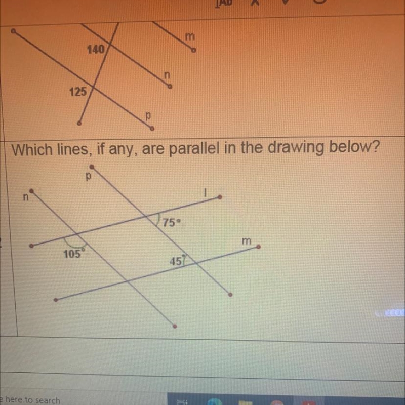 Which lines, if any, are parallel in the drawing below?pn7512m10545-example-1