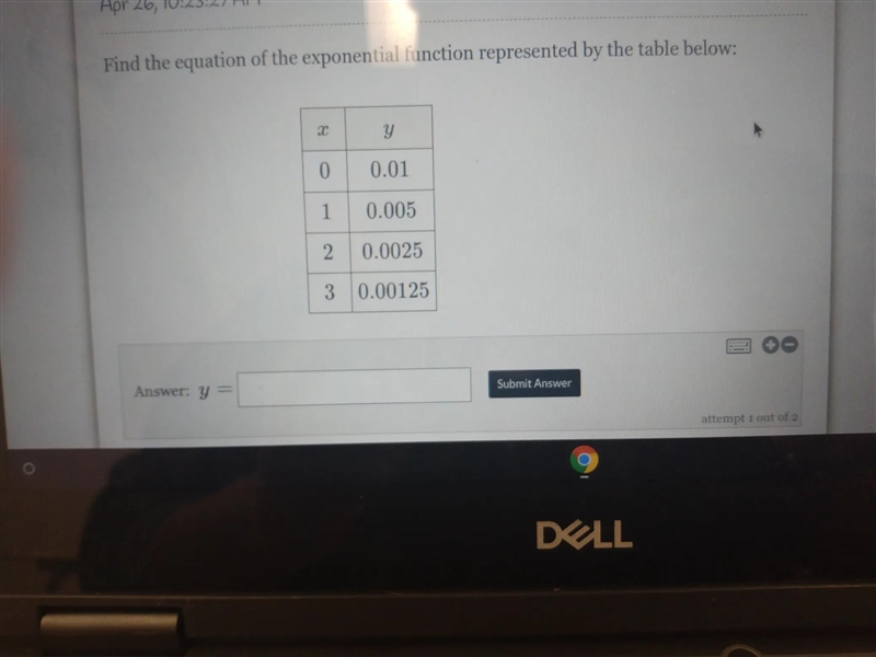 Find the equation of the exponential function represented by the table below: 2 y-example-1