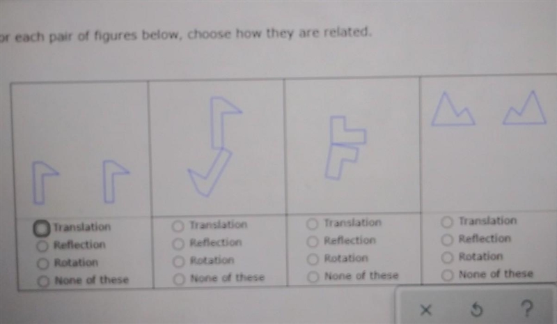 For each pair of figures below, choose how they are related. . E Translation Reflection-example-1