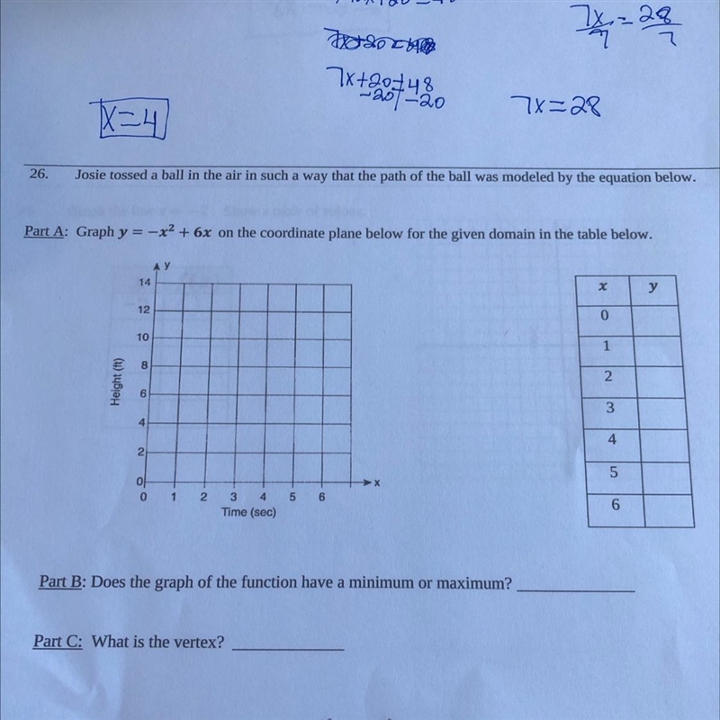 I need the table filled in the graph is it a maximum or minimum and the vertex-example-1