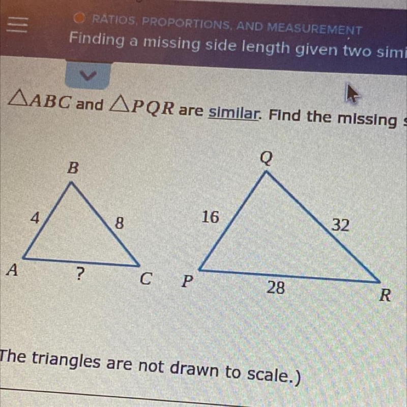 ABC and PQR are similar. Find the missing side length.-example-1