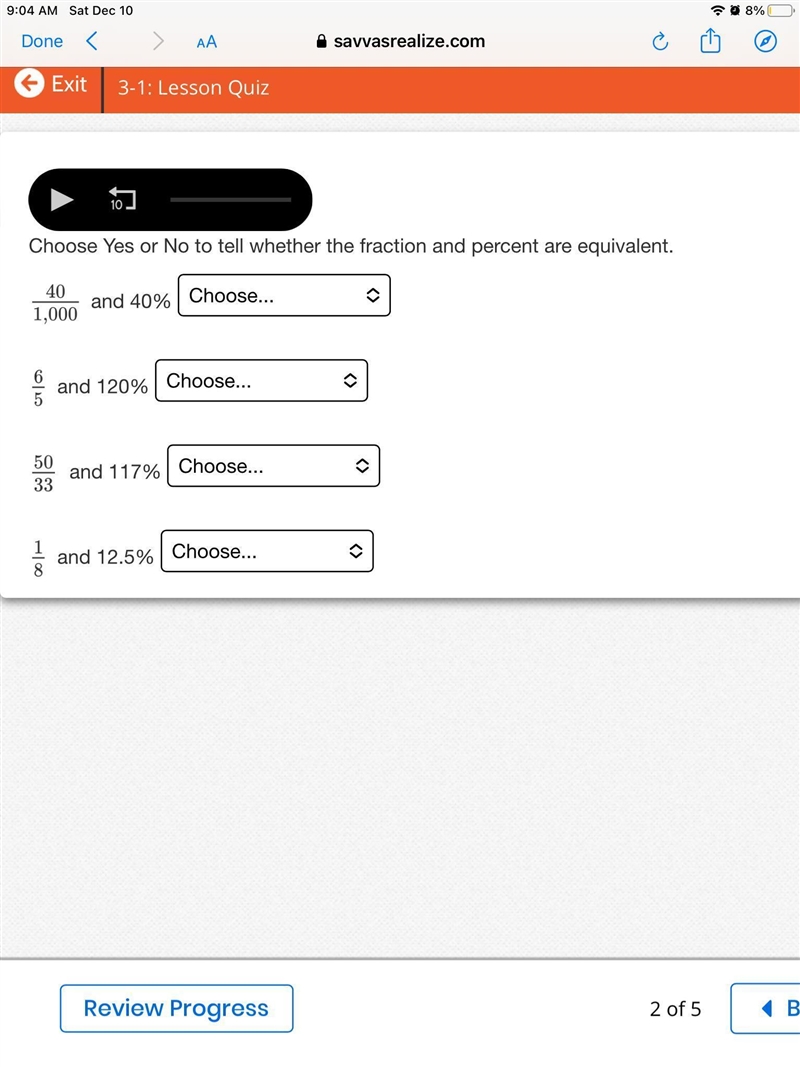 Choose Yes or No to tell whether the fraction and percent are equivalent. 40/1000 and-example-1