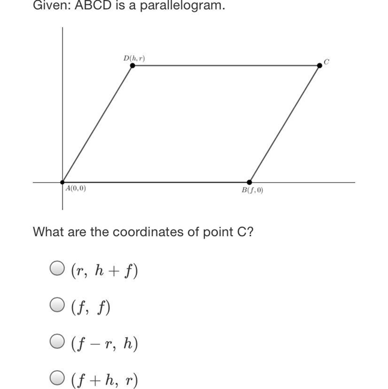 Given: ABCD is a parallelogram.СD(hr)B(4.0)A(0,0)What are the coordinates of point-example-1