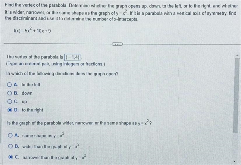 I solved for the vertex of the parabola I just need help with the two multiple choice-example-1