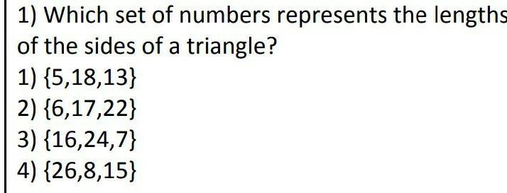 Which set of numbers resperents the lengths of the sides of a triangle?-example-1