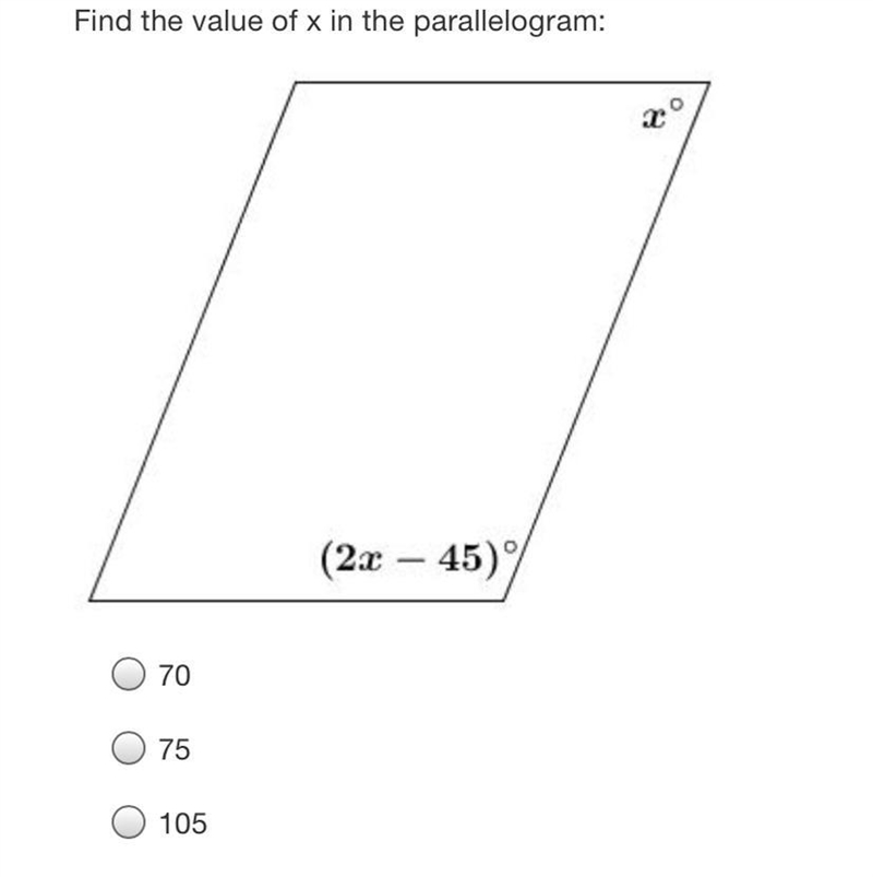 Find the value of x in the parallelogram:T(2. – 45)%7075105110-example-1