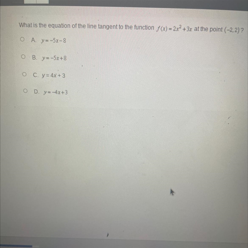 What is the equation of the line tangent to the function f(x) = 2x² + 3x at the point-example-1