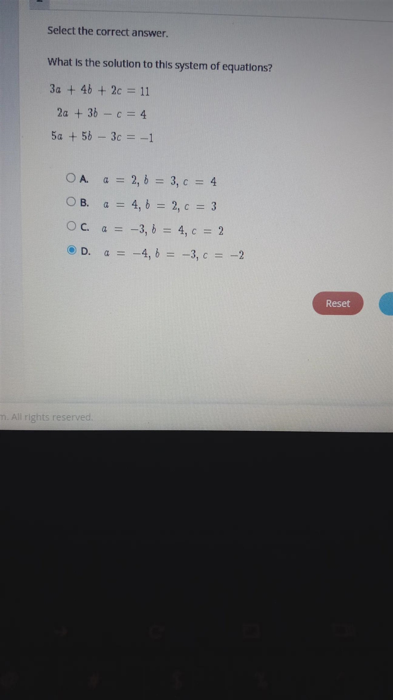 Select the correct answer. What is the solution to this system of equations? 3a + 40 + 2c-example-1