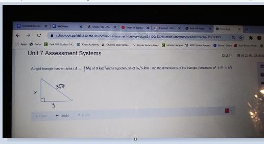 A night triangle has an area (A = bh) of 9 km? and a hypotonuse of 3/5 km Find the-example-1