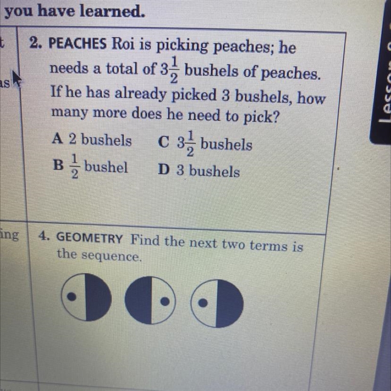 2. PEACHES Roi is picking peaches; he needs a total of 3. bushels of peaches. If he-example-1