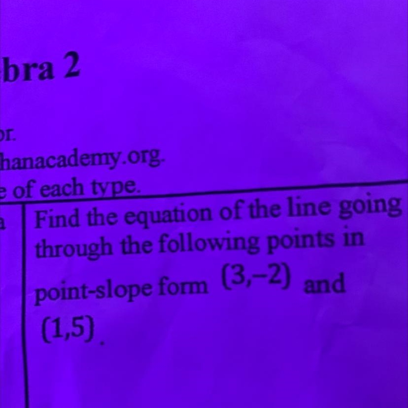 Of each type. Find the equation of the line going through the following points in-example-1