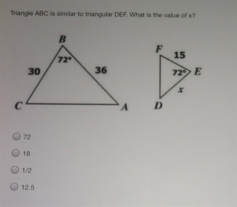 PO Triangle ABC is similar to triangular DEF. What is the value of x?-example-1