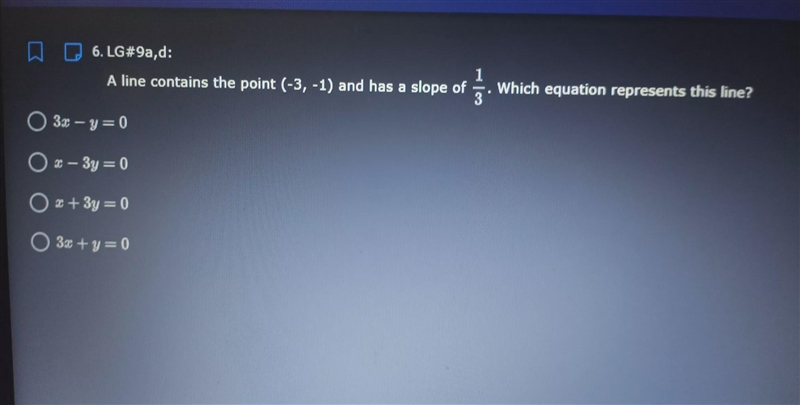 A line contains the point ( -3, -1 ) and has a slope of 1/3. which equation represents-example-1