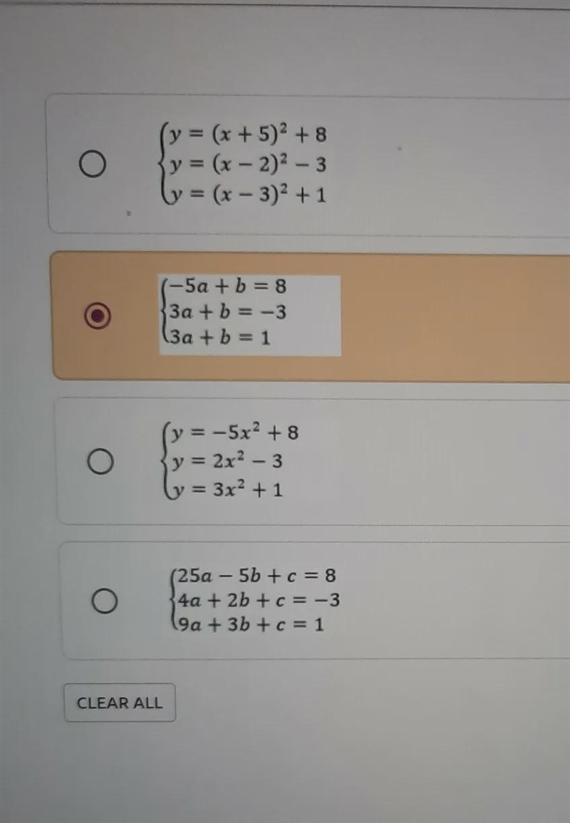 A parabola contains the following points.(-5,8),(2,-3),(3,1) which of the following-example-1