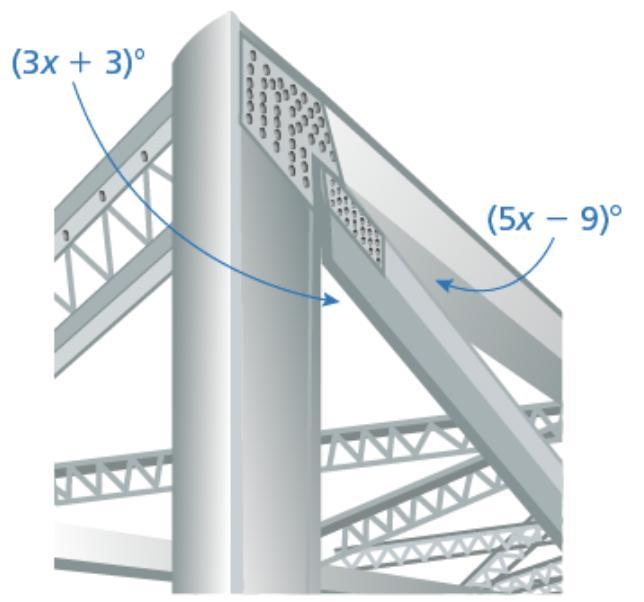 Three support beams for a bridge form a pair of complementary angles. Find the measure-example-1