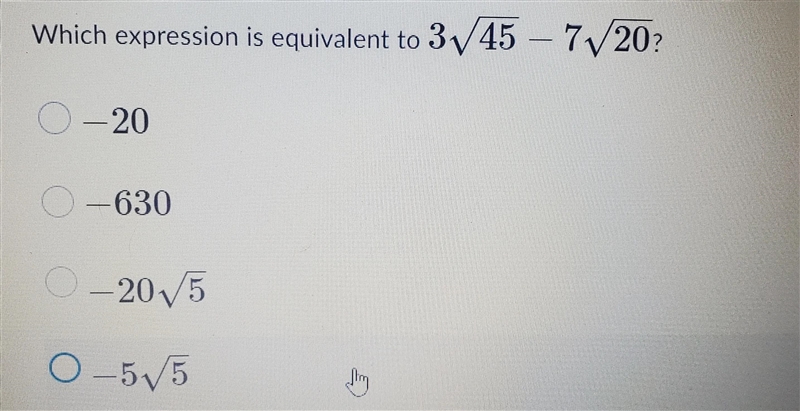 Which expression is equivalent to 3V 45 – 7V20? -20-630 – 20/5-5/5-example-1