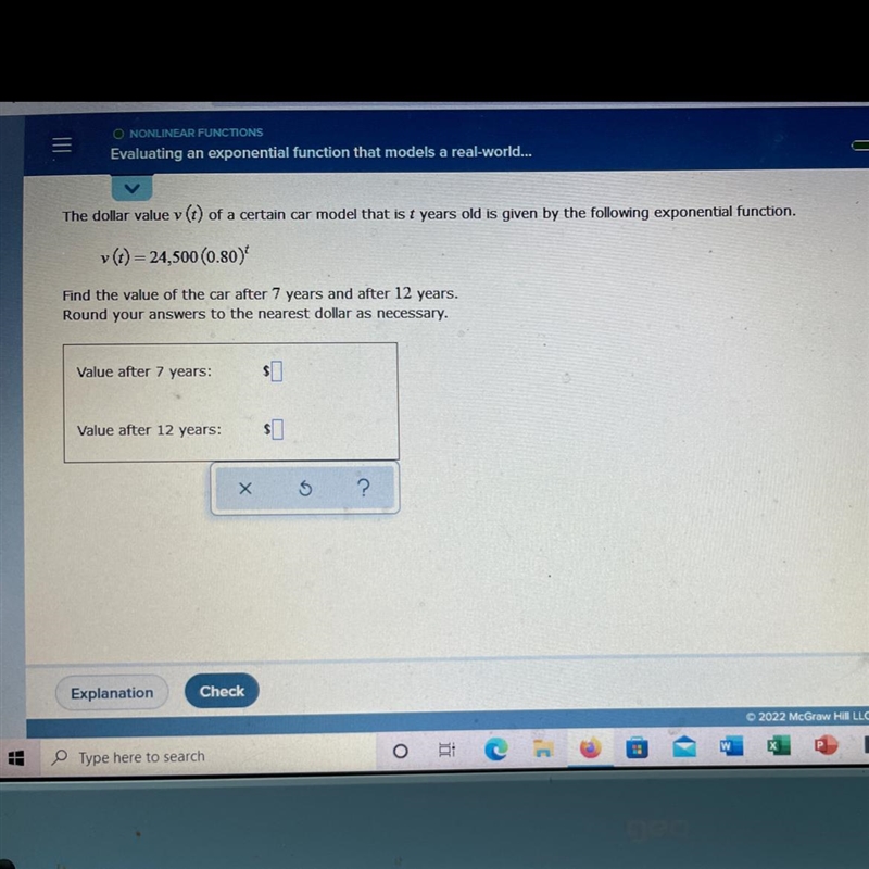 Find the value of the car after 7 years and after 12 years. Round your answer to the-example-1