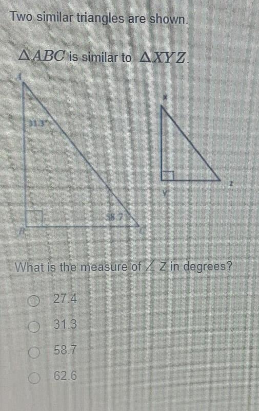 Two similar triangles are shown. AABC is similar to AXYZ What is the measure of 2 Z-example-1