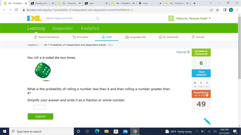 You roll a 6-sided die two times.What is the probability of rolling a number less-example-1