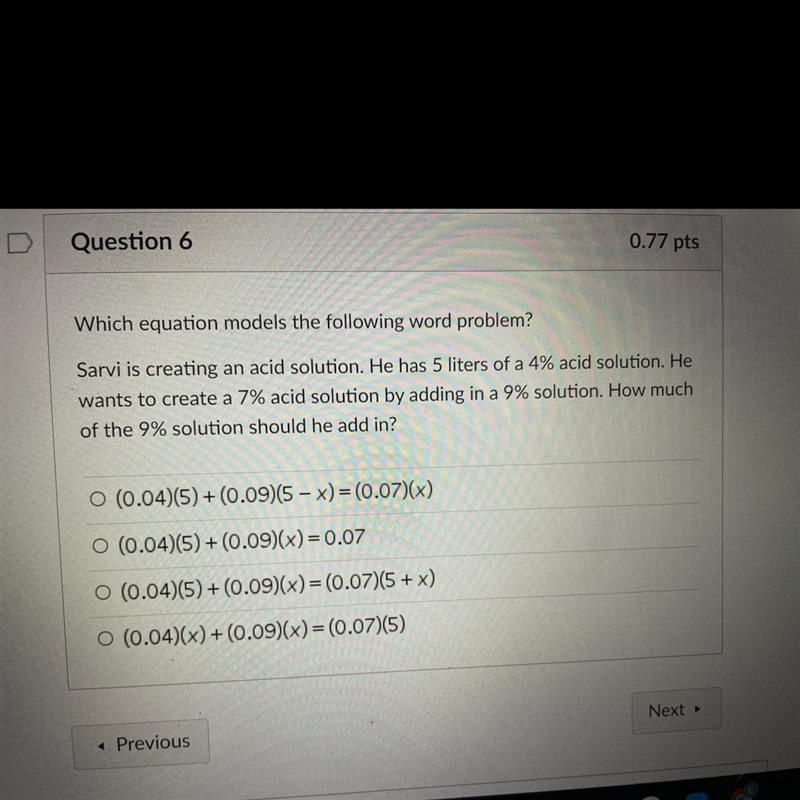 Which equation models the following word problem?Sarvi is creating an acid solution-example-1