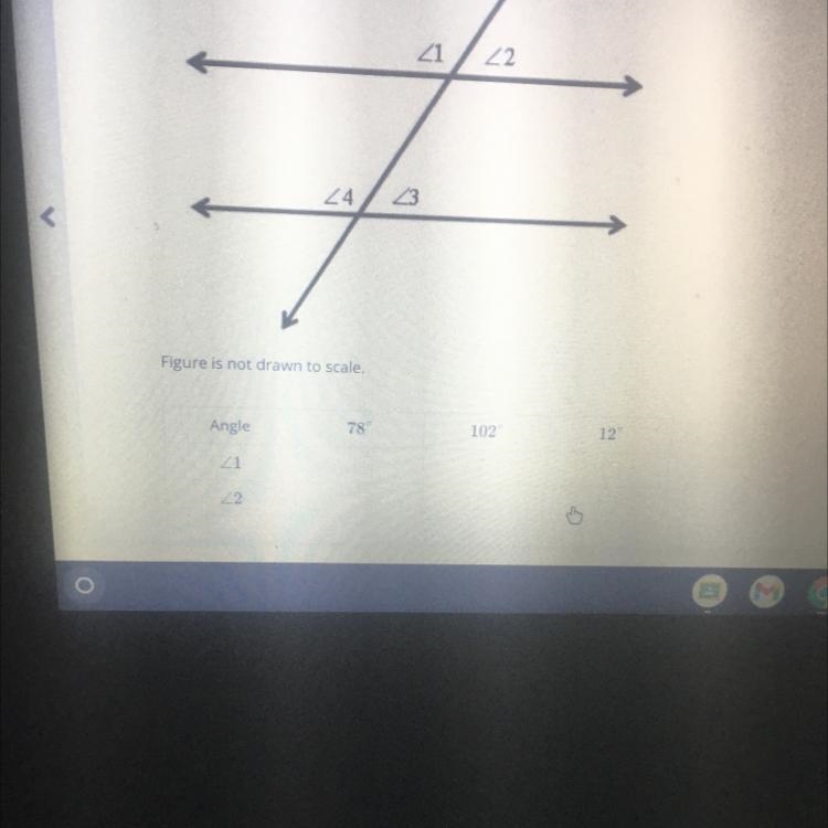 Find the measure of angle one and angle two if angle 3 =78° and angle 4=102°-example-1