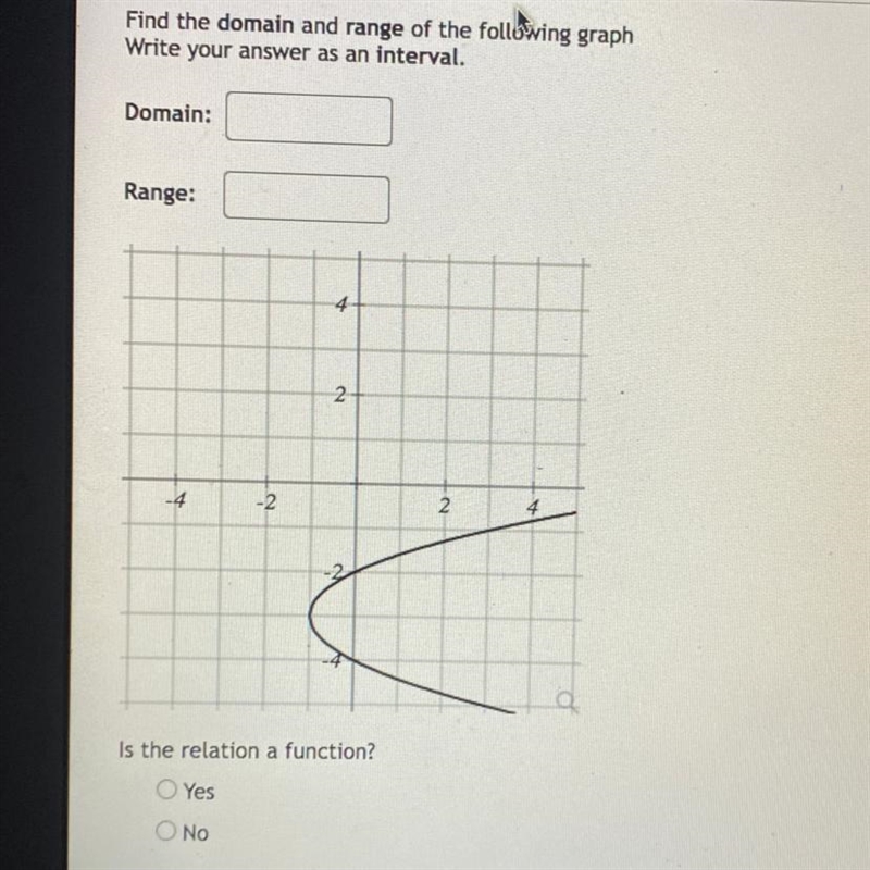 Find the domain and range of the following graph Write your answer as an interval-example-1