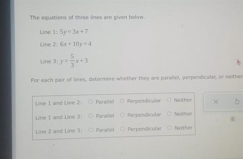 The equations of three lines are given below.For each pair of lines, determine whether-example-1