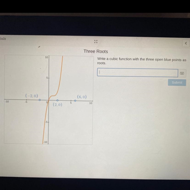 Write a cubic function with the three open blue points as roots-example-1