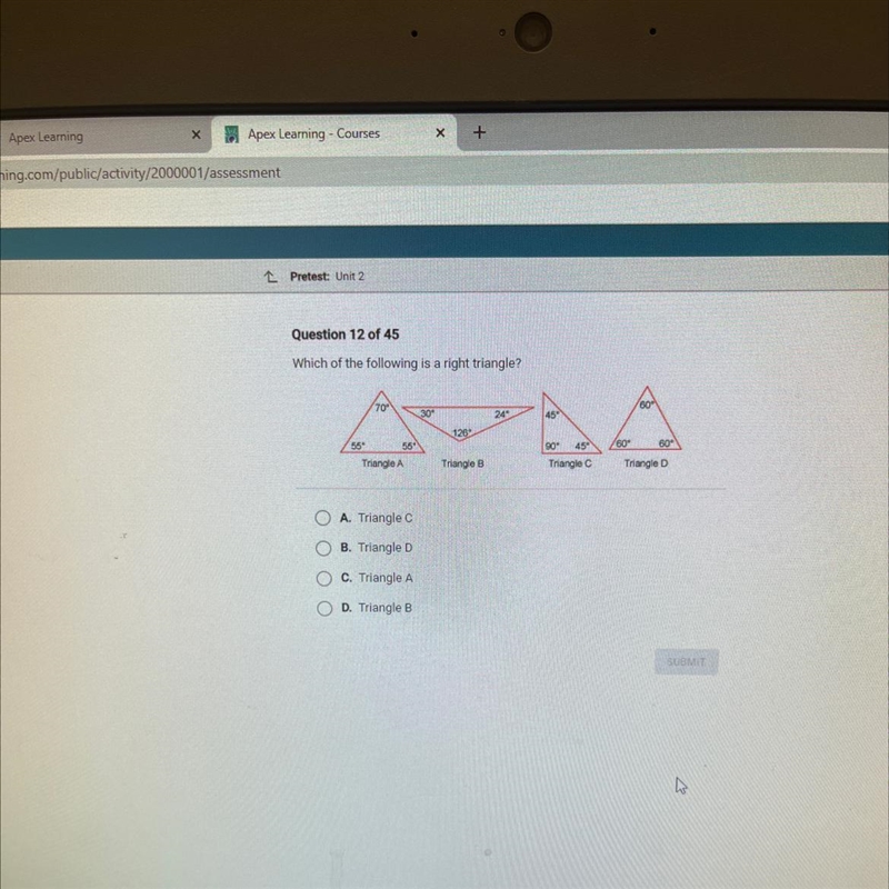 Which of the following is a right triangle? 70° 60 30* 249 459 128 90° 45° /60° 60° 55 559 Triangle-example-1