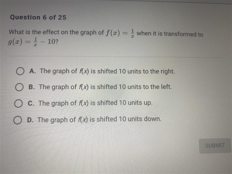 Functions and relations. What is the effect on the graph of f(x) = 1/x when it is-example-1