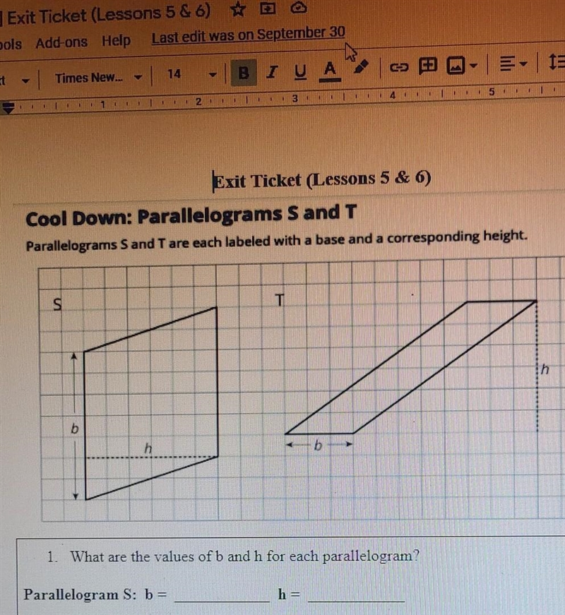 parallelogram s and t are each labeled with a base and corresponding height . Find-example-1