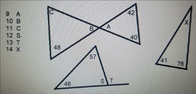 58 Find the missing angle measures: C 42 9 А. 10 B X х В. A 40 4 0 12 S 13 T 14 X-example-1