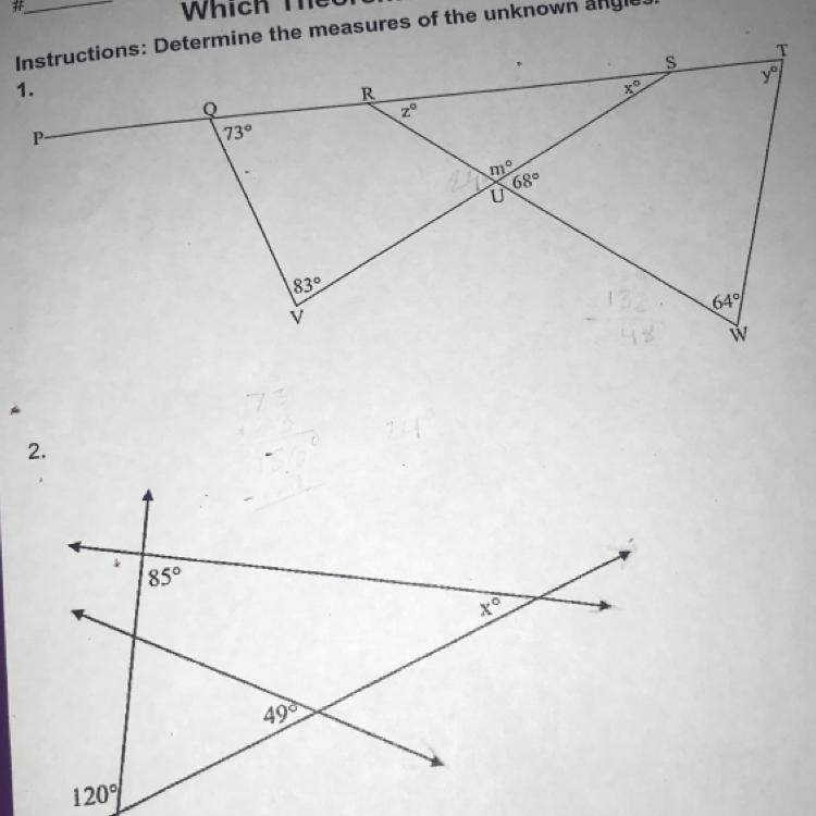 Determine the measures of the unknown angles.-example-1