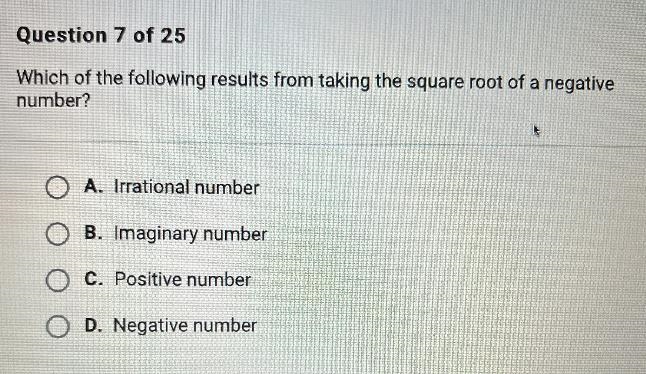 Which of the following results from taking the square root of a negative number?-example-1