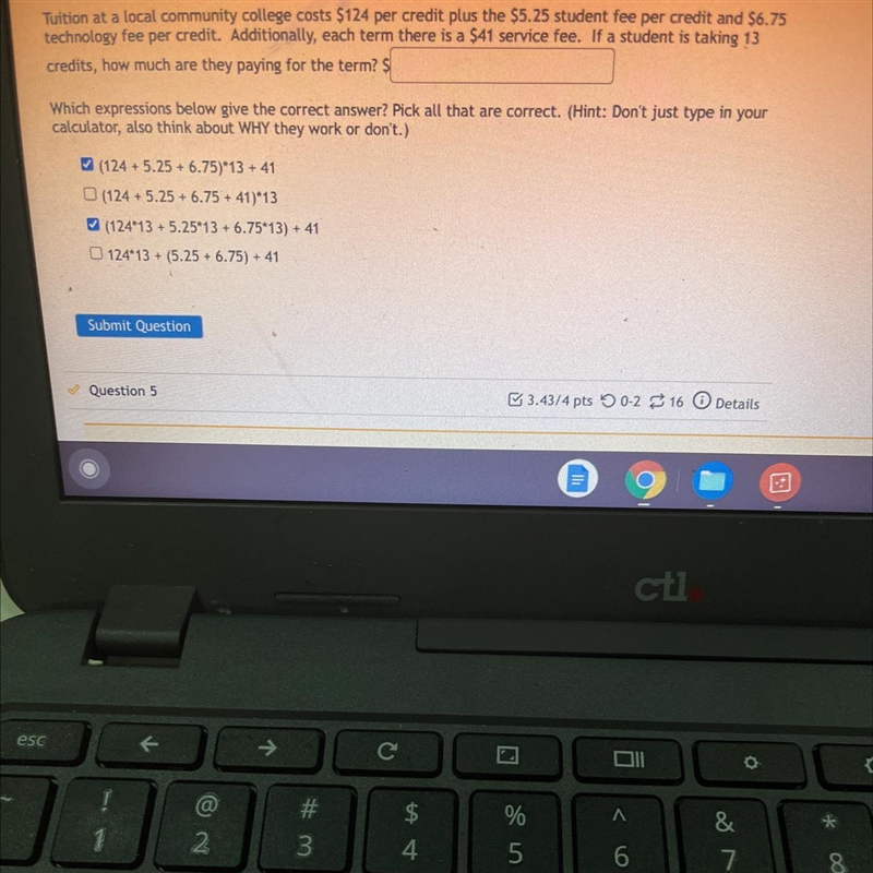 tuition at a local community college costs $124 per credit plus the $5.25 student-example-1