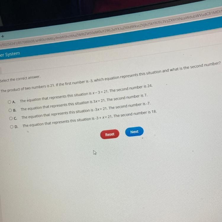 11 Select the correct answer. The product of two numbers is 21. If the first number-example-1